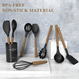 Silicone Kitchen Cooking Utensil Set, 9Pcs Kitchen Utensils Spatula Set with Wooden Handle for Nonstick Cookware, 446°F Heat Resistant Silicone Kitchen Gadgets Utensil Set with Large Holder（Black） CACOLES