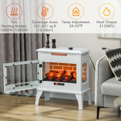 HOMCOM Electric Fireplace Stove, 24" Freestanding Electric Fireplace Heater with Remote, Realistic 3D Flame Effect, Thermostat, Overheat Protection, 1000W/1500W, White