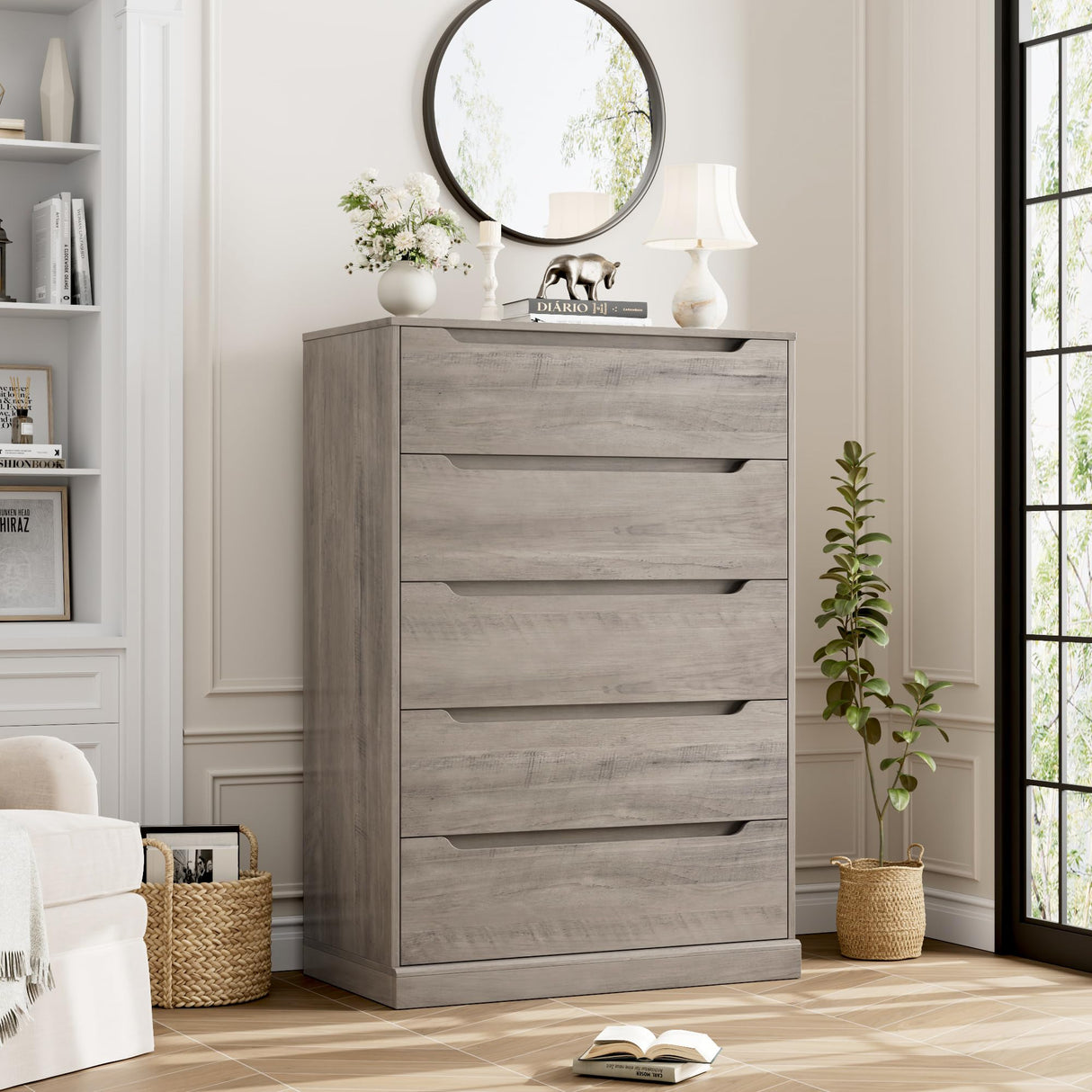 HOSTACK 43.3" Tall Modern 5 Drawer Dresser for Bedroom, Large Chest of Drawers with Storage, Wood Clothes Storage Organizer with Cut-Out Handle, Accent Storage Cabinet for Living Room, Ash Gray HOSTACK