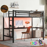 Metal Twin XL Loft Bed with Desk and Charging Station,Heavy Duty Loft Bed Frame with LED Lights and USB for Kids,Teens,Adults,Twin XL Size,Black Bellemave