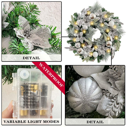 WANNA-CUL Pre-Lit 24 Inch Lighted Christmas Wreath for Front Door Decor with Silver White Christmas Ball Ornaments and Poinsettia Flowers,Battery Operated 30 LED Lights