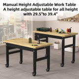 NBGV 48" Solid Wood Work Bench, Adjustable Hight Workbench with Wheels, Heavy-Duty Worktable with Pegboard, Power Outlets, Workstation for Garage, Workshop, Office NBGV