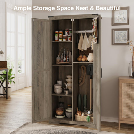 Befrases Farmhouse Rustic Grey Storage Cabinet with Adjustable Shelves, Large Pantry Organize with 2 Barn Doors, Tall Freestanding Cabinet for Kitchen, Bathroom/Garage/Basement/Living/Utility Room Befrases