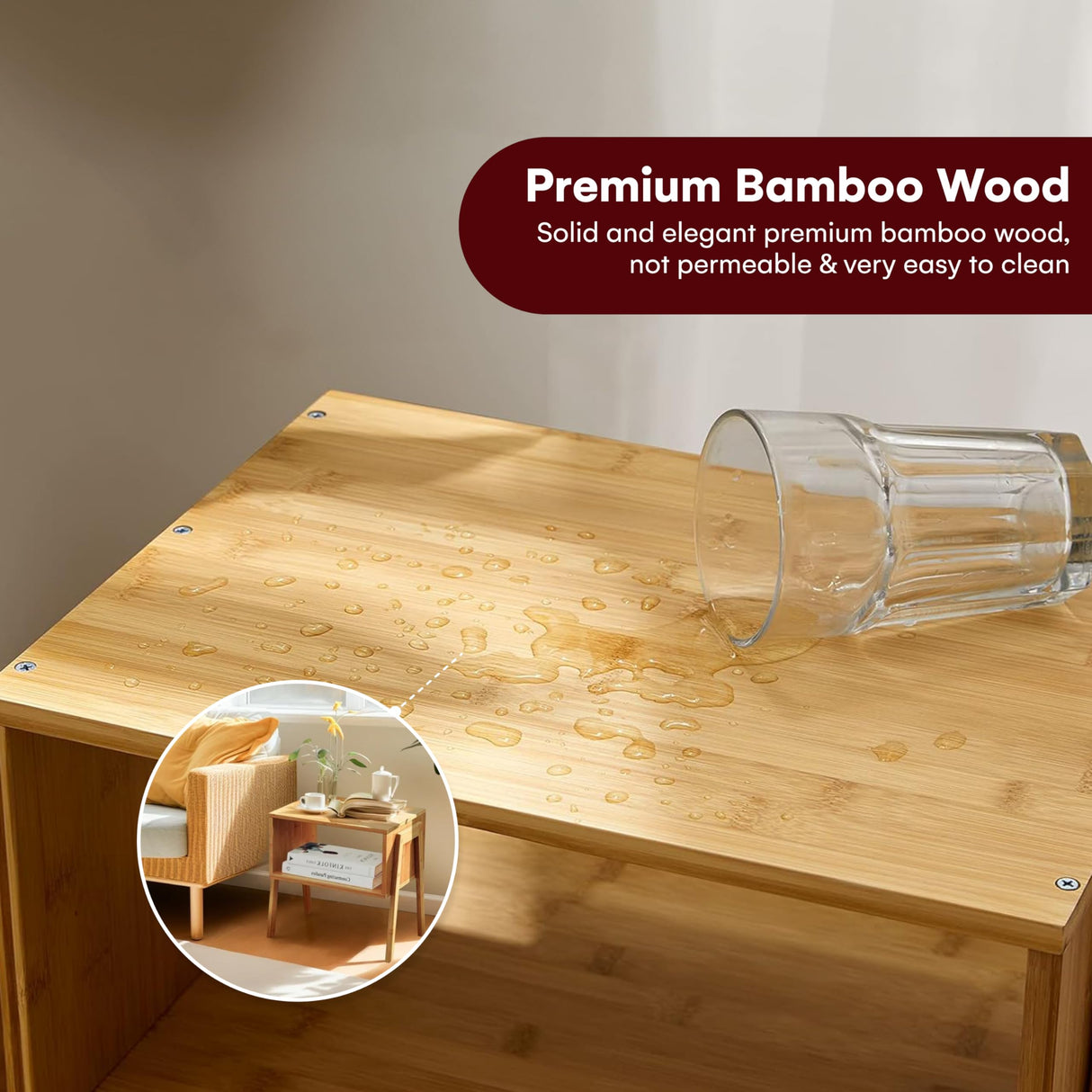 Vdomus Bamboo Stackable Nightstand Set of 2-16 inches Natural Wood Matching Side Table - Wooden Bedside Tables - Minimalist Low End Table Furniture for Living Room or Bedroom Mothers Day Gifts Vdomus