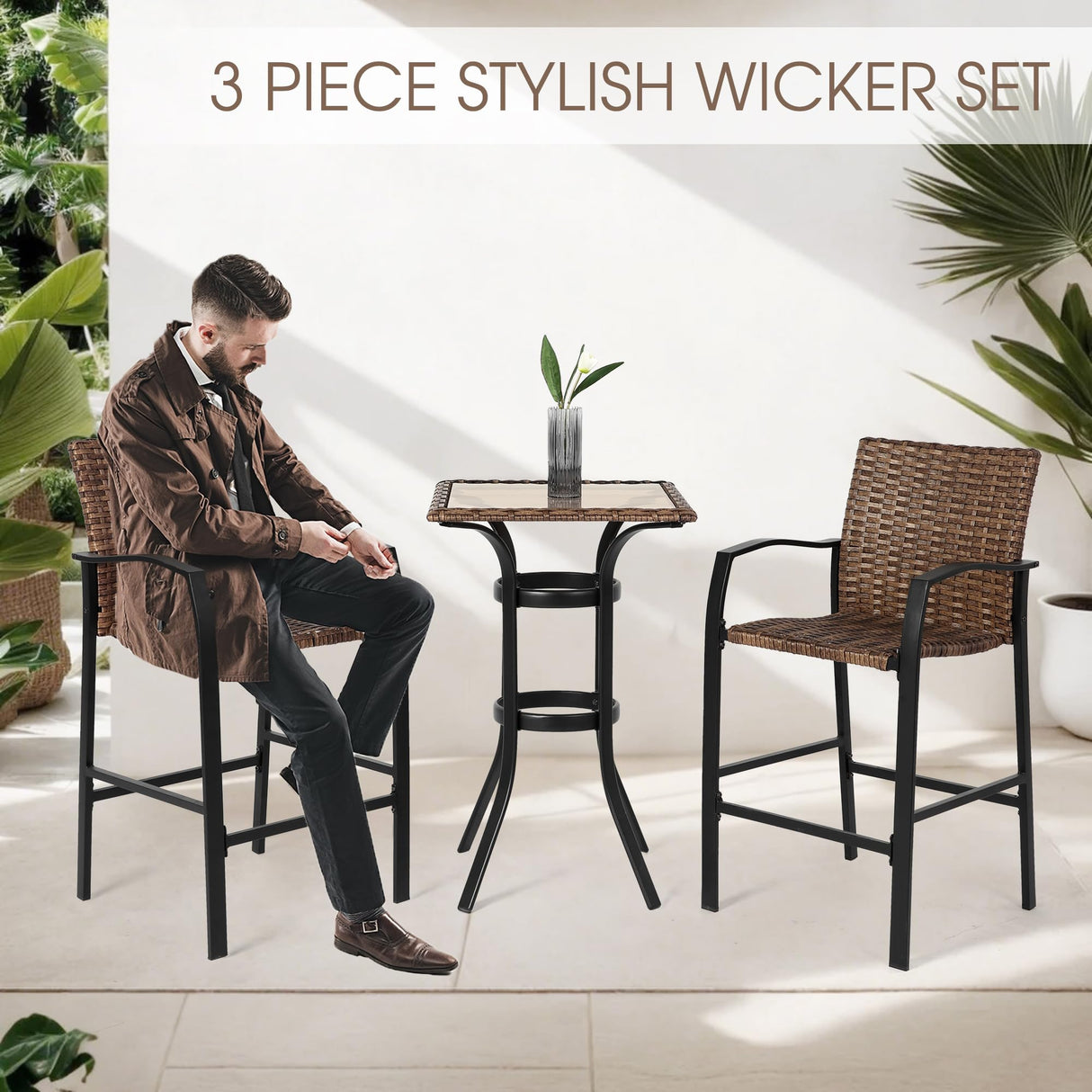 Villeston 3 Piece Outdoor Wicker Bar Stools Set, 2 Height Chairs and 1 Pub Table for Patio Bistro Poolside Dining, Woven Rattan High Top Furniture, Brown Villeston