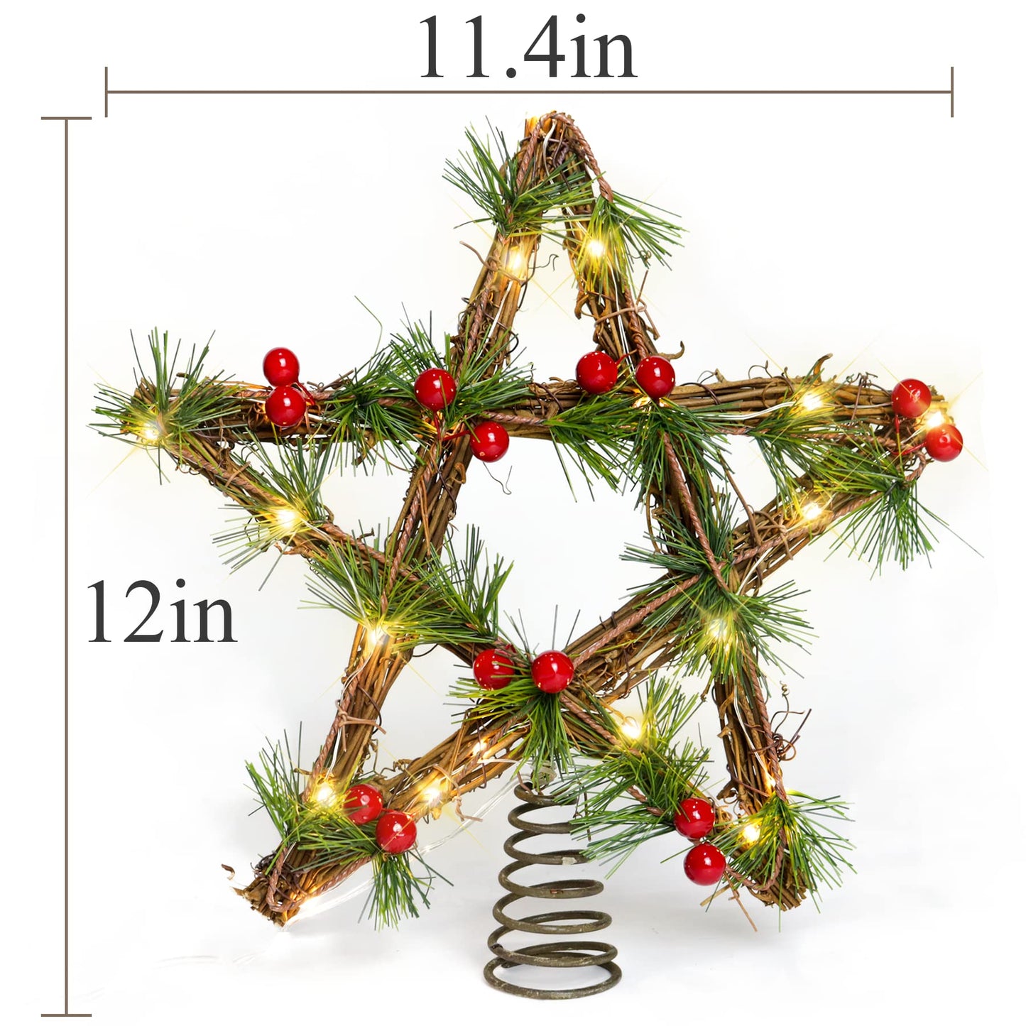 Lotus Hills Christmas Tree Topper Lighted, 12" Star Tree Topper with Red Berry and Pine Needle, Battery Operated Christmas Tree Star Topper, Christmas Star Tree Topper with Timing Battery Case