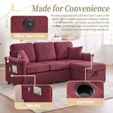 L-Shaped Sectional Sofa with Storage & Movable Ottoman, Corduroy 3 Seater Sectional Couch with USB Charging, Cup Holder & LED Light, Convertible Couches for Living Room (Wine Red, 76.38) Firscook