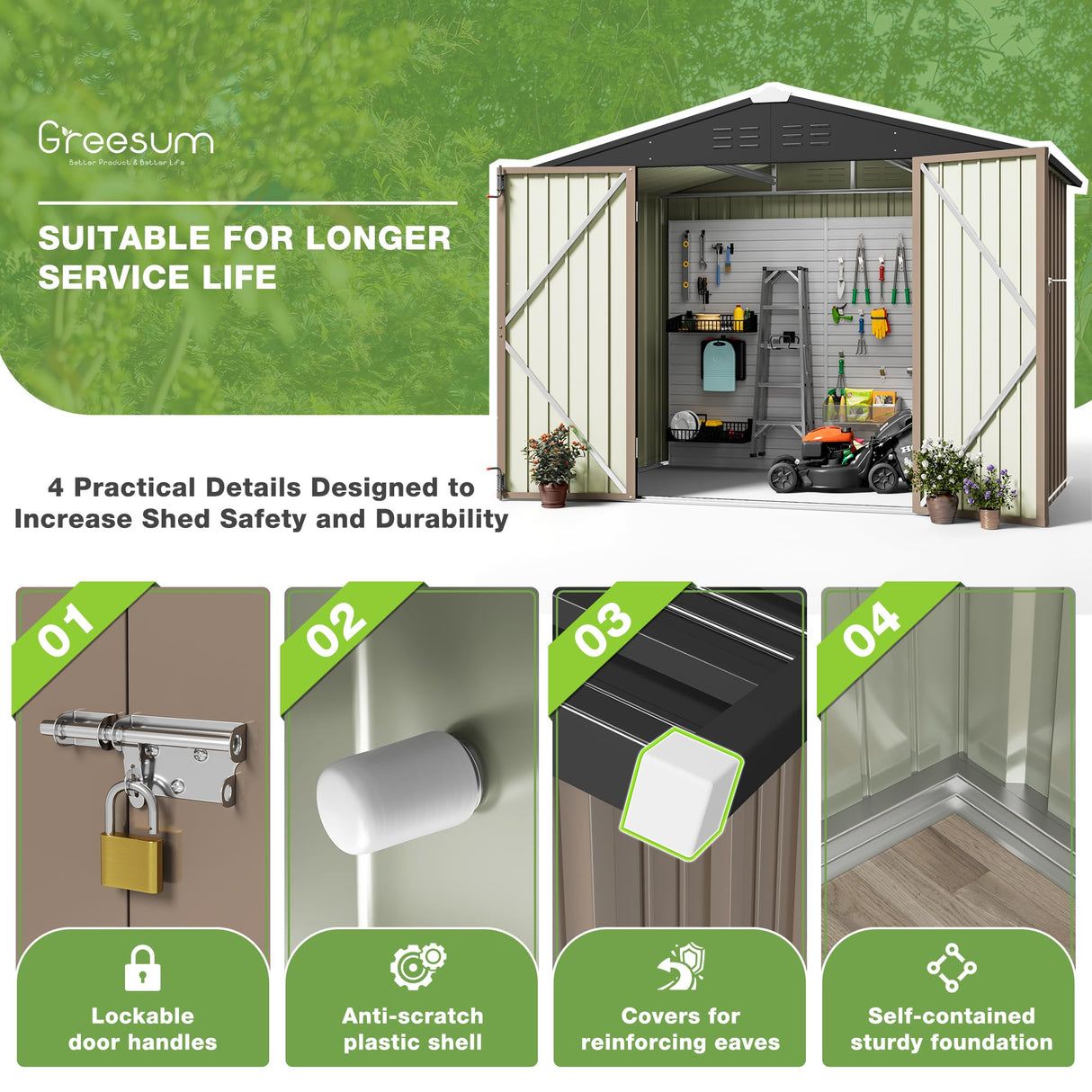 Greesum Outdoor Storage Shed 6 x 8 ft. Utility Tool Shed Metal Storage Garden Shed with Door & Lock for Patio Storage, Brown Greesum