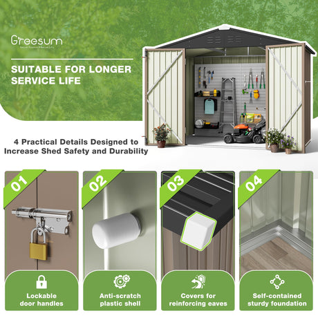 Greesum Outdoor Storage Shed 6 x 8 ft. Utility Tool Shed Metal Storage Garden Shed with Door & Lock for Patio Storage, Brown Greesum