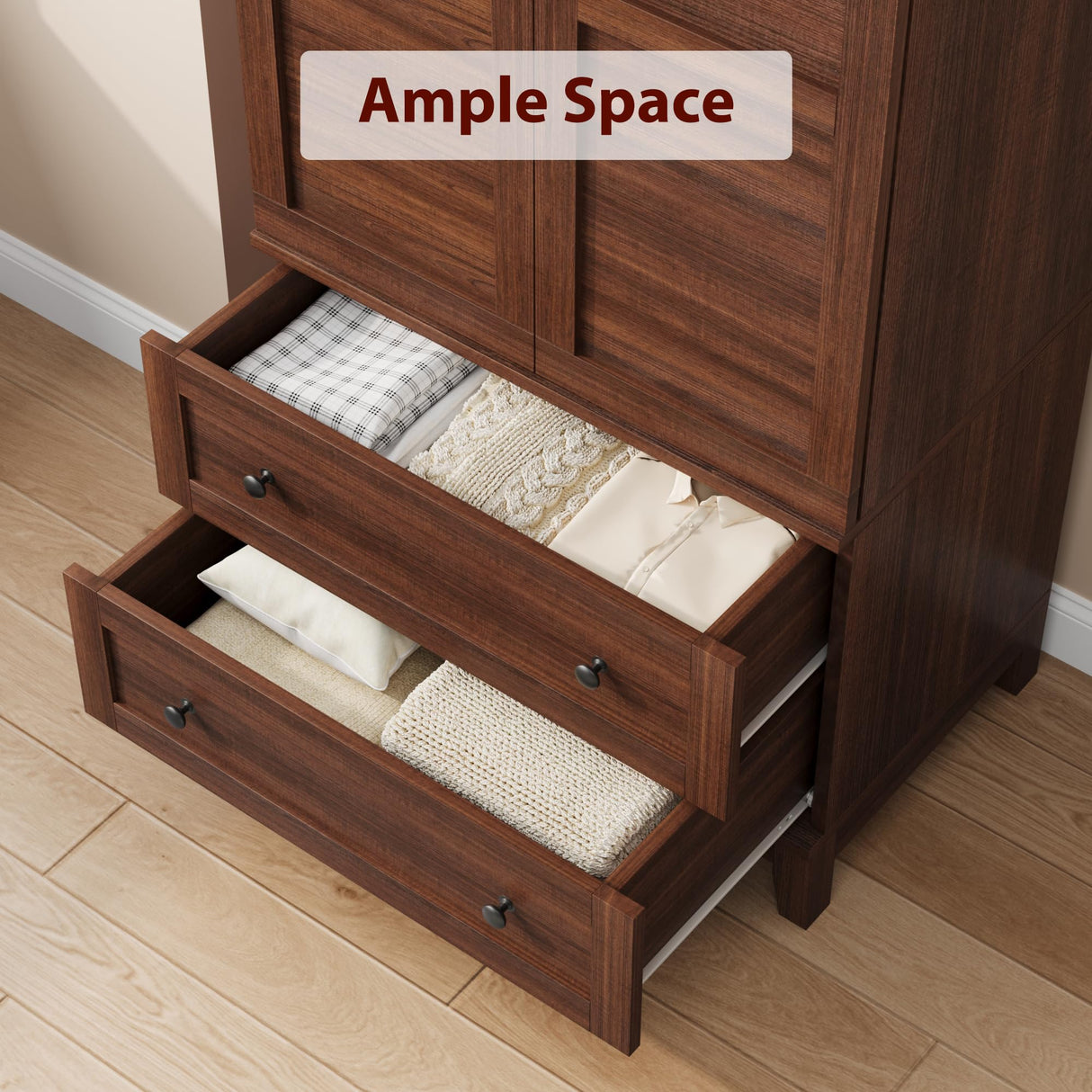 GarveeHome Armoire Wardrobe Closet with 2 Drawers,72 in Wooden Wardrobe Cabinet with Hanging Rod, Tall Clothing Armoire Cabinet with Doors and 18 Adjustable Shelves for Bedroom, Clothes,Walunt Brown GarveeHome