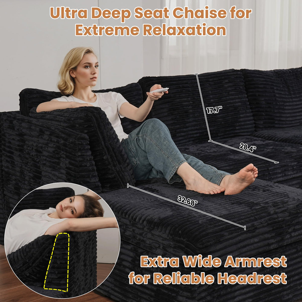 ovios 130.7" Modular Sectional Sofa Couch, U-Shaped Minimalist Couches with Sofa Bed Chaise, Modern Deep Seat Cloud Plush Corduroy Sofas Set for Living Room, 7 Seat, Black ovios