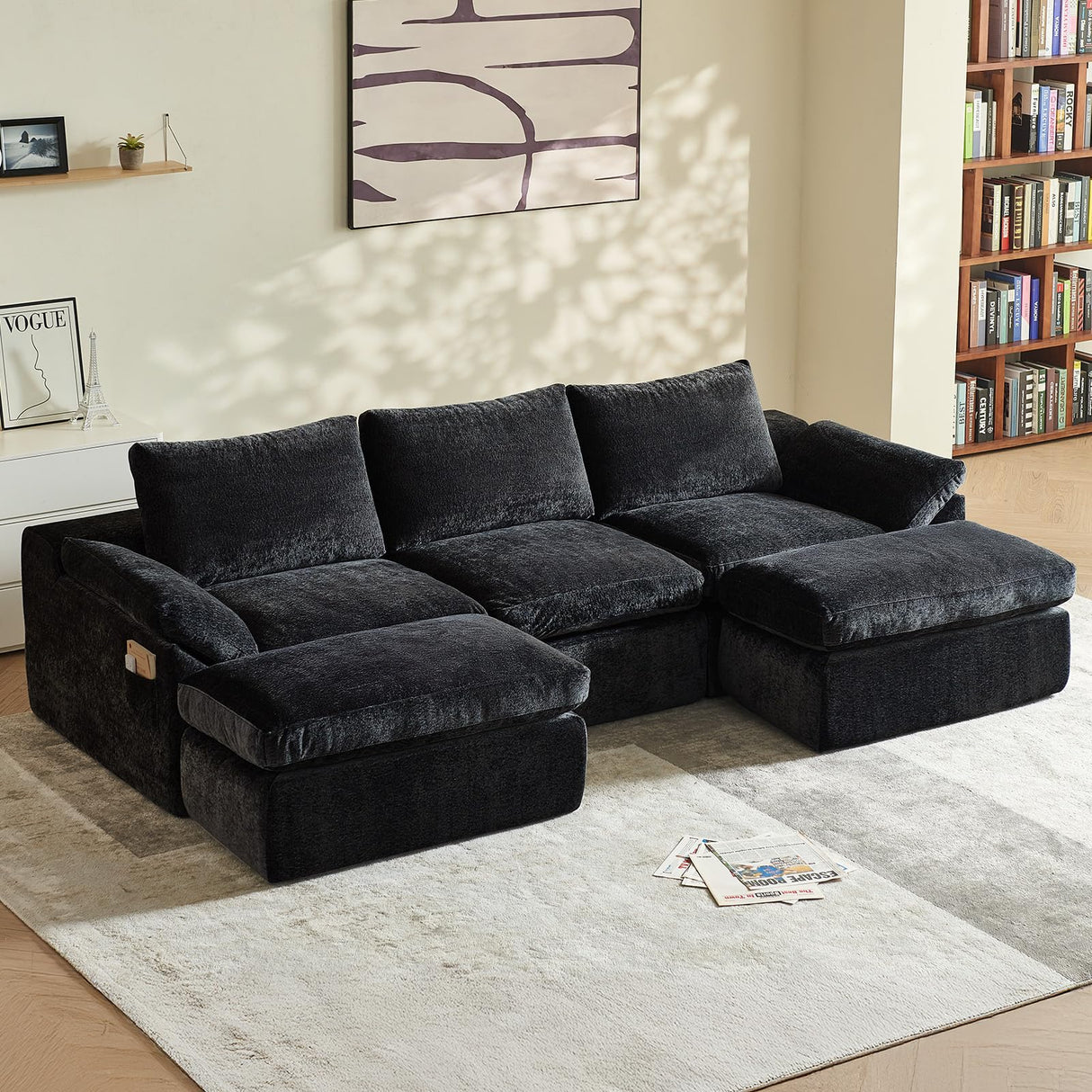 Vamcheer Modular Sectional Cloud Couch, Utra Soft U Shaped Couch with 2 Movable Ottoman, Deep Seat Boneless Couches for Living Room Bedroom, No Assembly Required, Black Vamcheer