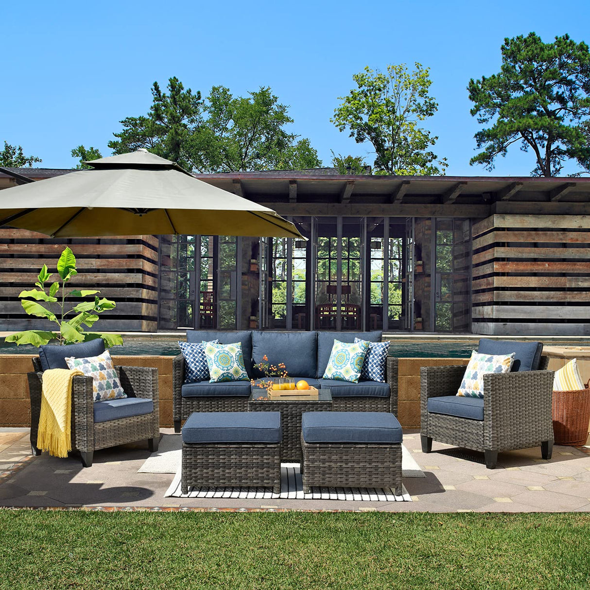 ovios Patio Furniture Set 6-Pieces Outdoor Wicker Sofa Couch with Glass Table Comfy Cushions Rattan Conversation Set for Backyard Deck Porch, Denim Blue ovios