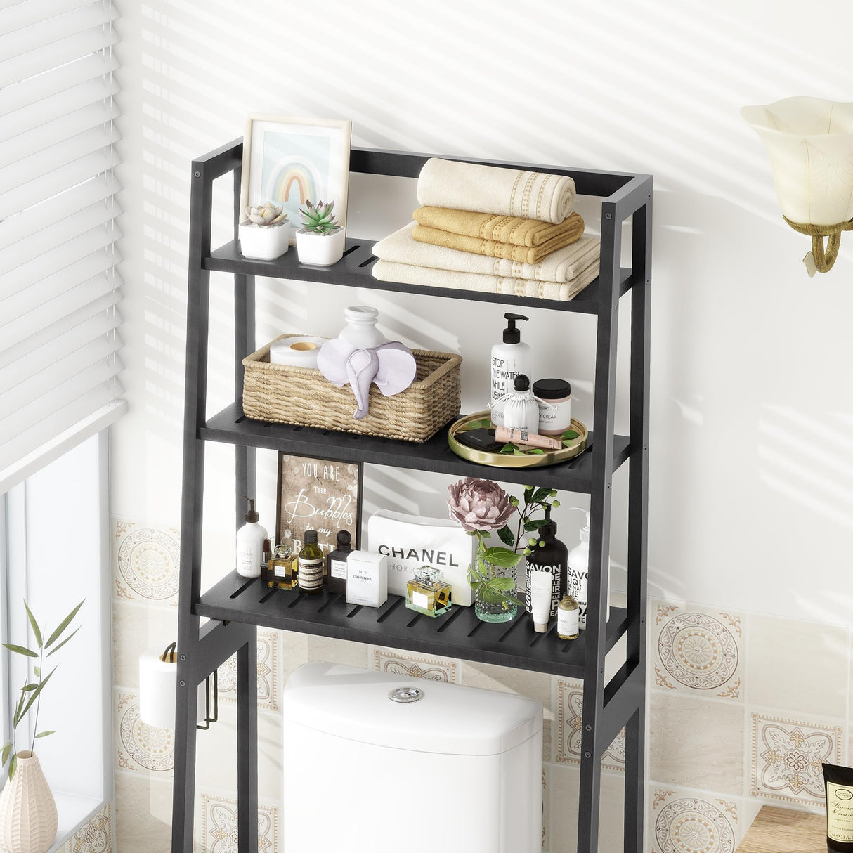 MallKing Over The Toilet Storage, Wooden 3-Tier Over-The-Toilet Rack Bathroom Space Saver Organizer, Freestanding Above Toilet with Toilet Paper Holder and Hooks (Black) MallKing