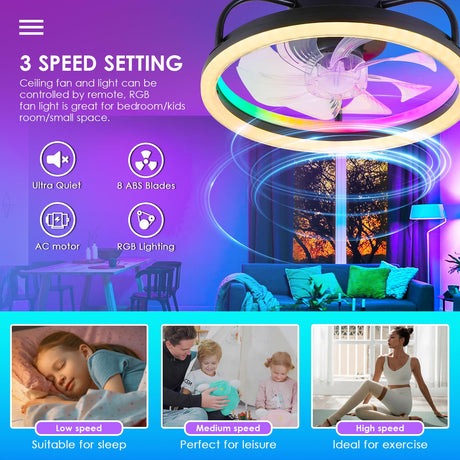 Ceiling Fans with Lights - Modern Flush Mount Ceiling Fan,16" RGB Dimmable LED Enclosed Ceiling Fans,Low Profile Bladeless LED-RGB Ambient Light for Bedroom Kids Room Party（Black） Mpayel