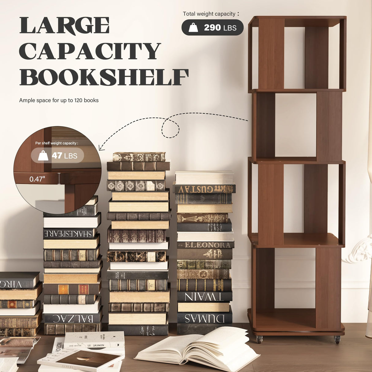4 Tier Solid Wood Rotating Bookshelf Tower on Wheels, 360° Upgrade Spinning Book Shelf, Revolving Bookcase Organizer, Swivel Bookshelves for Small Spaces, Corner, Bedroom, Kids Room, Office (Walnut) Easyego