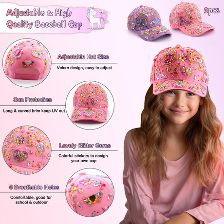 Christmas Gifts for Girls Decorate Your Own Baseball Cap with 12 Sheets Unicorn Gem Stickers, Fun Arts and Crafts Kit for Kids Age 4-12, 2PCS DIY Baseball Cap Birthday Gifts for Girls 4 5 6 7 8 9 10 Yoart