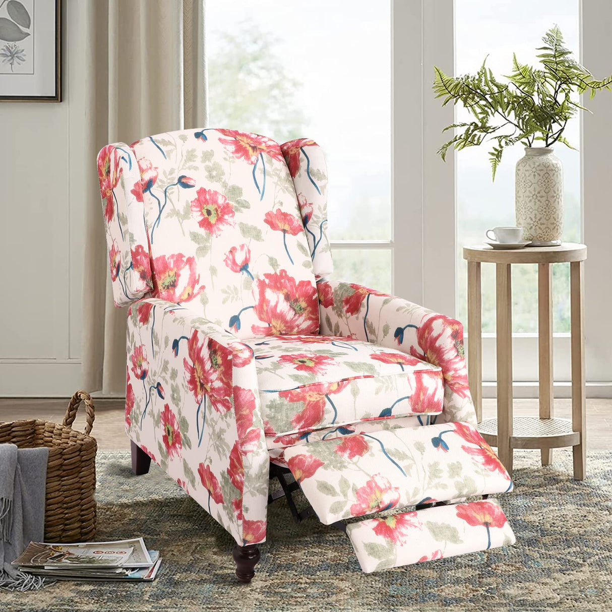 Consofa Upholstered Wingback Recliner Chair, Traditional Push Back Recliner Chair with Padded Seat, Fabric Floral Chair Wingback Recliner with Wooden Legs, Small Recliners for Small Spaces Consofa