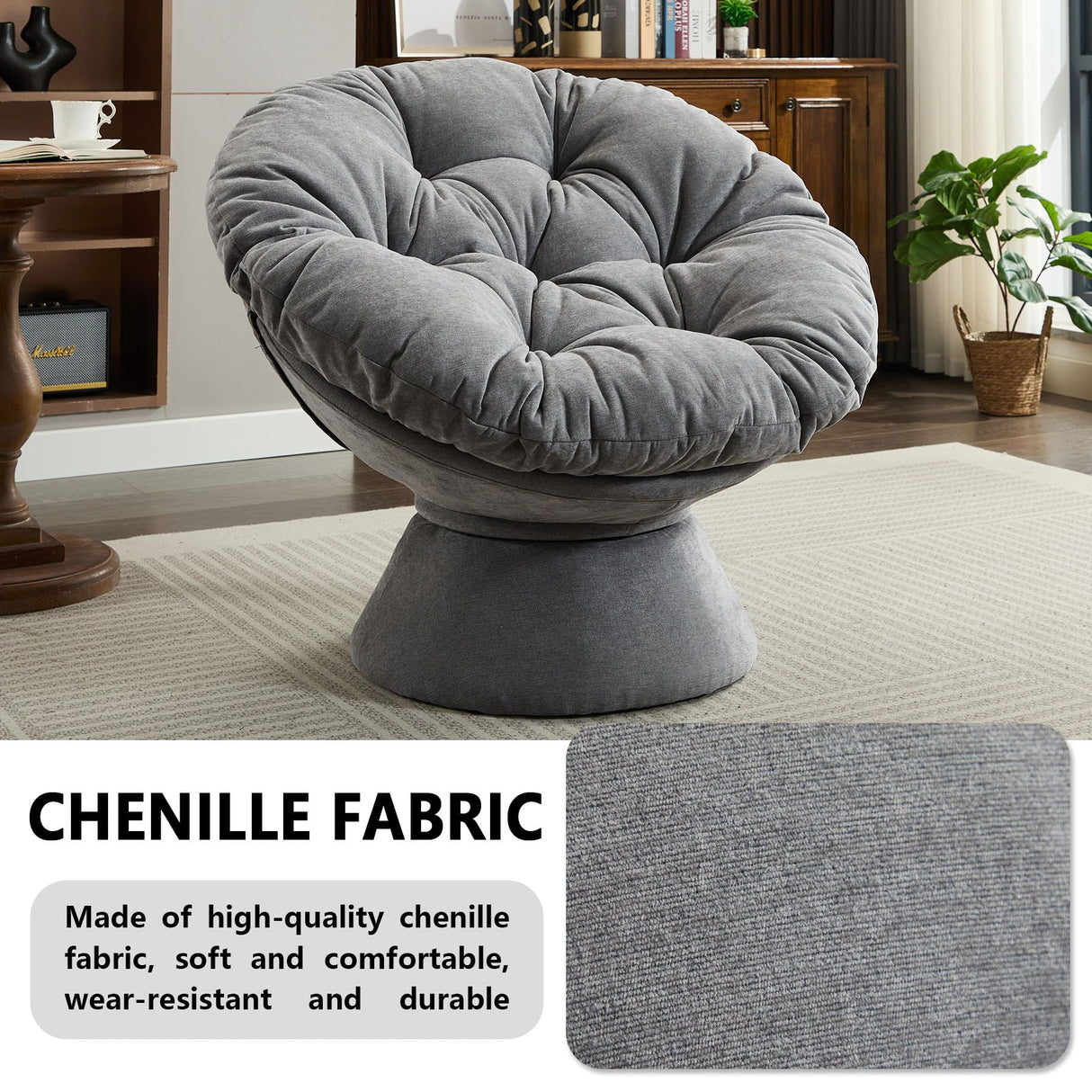 Nahenduo Modern Oversized Chenille Papasan Chair, 360° Swivel Chair with Thick Cushion, Comfortable Lounge Accent Chair for Living Room, Bedroom, Reading Nook (Dark Grey) Nahenduo