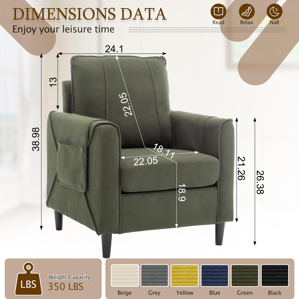 Korser Accent Chair Set of 2, Armchair for Living Room, Mid-Century Modern Upholstered ReadingChair, Comfy Club Chair with Side Pockets and Soft Cushion, Corduroy Fabric Sofachair for Bedroom Korser