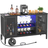 Homieasy Wine Bar Cabinet with Power Outlets & LED Lights, Industrial Liquor Cabinet with Adjustable Wine Racks, Coffee Station Cabinets with Storage for Kitchen/Home, Black Homieasy