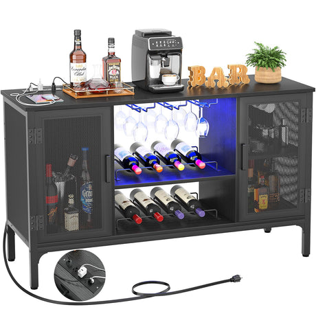 Homieasy Wine Bar Cabinet with Power Outlets & LED Lights, Industrial Liquor Cabinet with Adjustable Wine Racks, Coffee Station Cabinets with Storage for Kitchen/Home, Black Homieasy