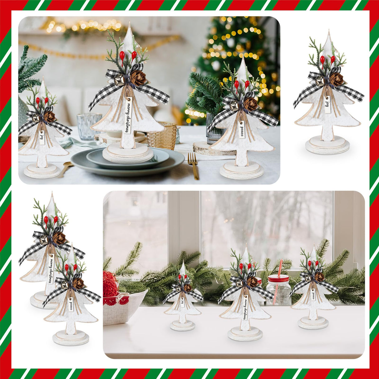 Soaoo 3 Pcs Wooden Christmas Trees Tabletop Decoration Rustic Wood Christmas Trees Xmas Centerpieces Freestanding Table Farmhouse Xmas Centerpiece for Table Home Decor (Red Berry,Large) Soaoo