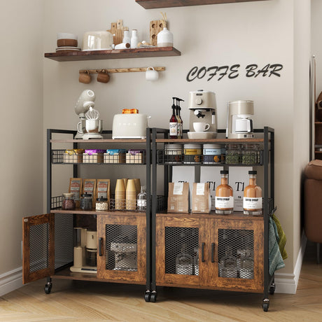 Hencawima Coffee Bar Cabinet, 3 Tier Coffee Station Table on Wheels, 35.9" H Bar Cart with Wire Basket Drawer & 5 Hooks for Home Kitchen, Liquor Buffet Sideboard Cabinet (Rustic Brown) Hencawima