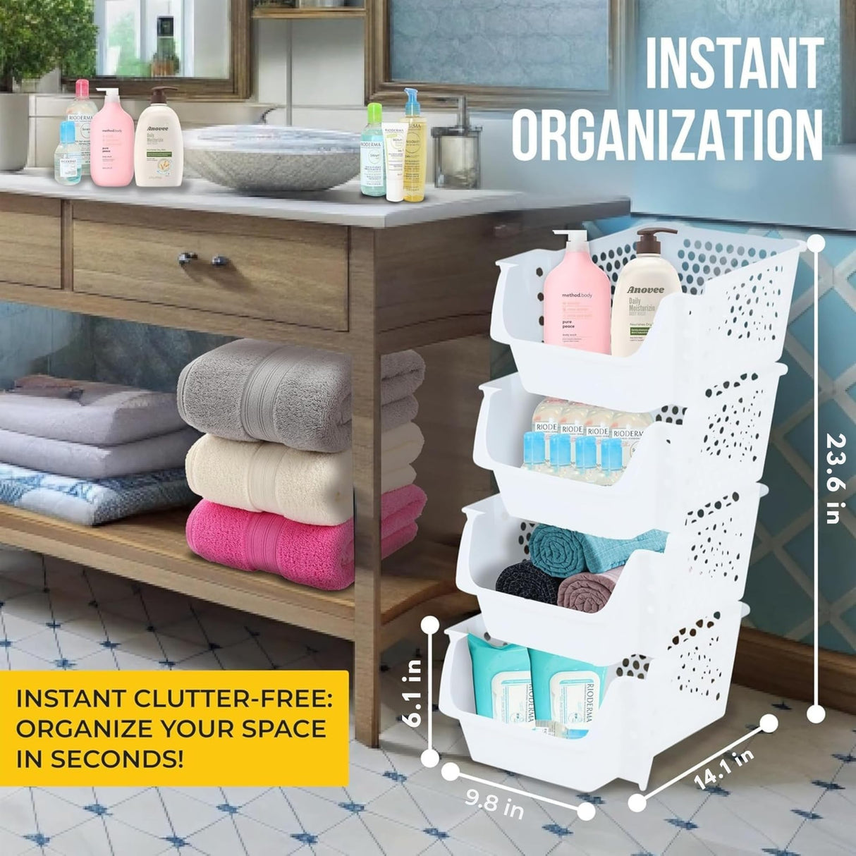 Skywin TidyFriend Stackable Storage Bins for Pantry, 4 Pack Stackable Bins For Organizing Food, Kitchen, and Bathroom Essentials (White) Skywin