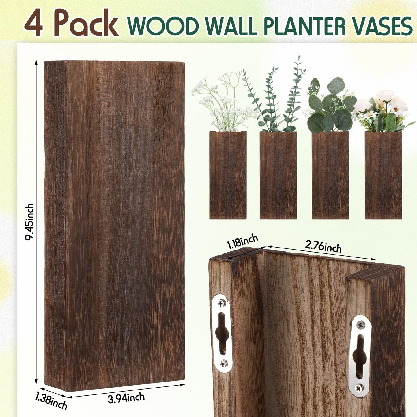 Ziliny 4 Pack Wood Wall Planter for Dried Flowers and Artificial Greenery Indoor Plants Holder, Wood Wall Decor Wooden Pocket Vase Modern Farmhouse Wall Hanging Planter for Living Room Bedroom Home