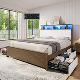 AMERLIFE Queen Size Bed Frame with 49.2" Tall Bookcase Headboard and LED Light, Rustic Platform Bed with Charging Station and 4 Storage Drawers, No Box Spring Needed, Rustic Brown AMERLIFE
