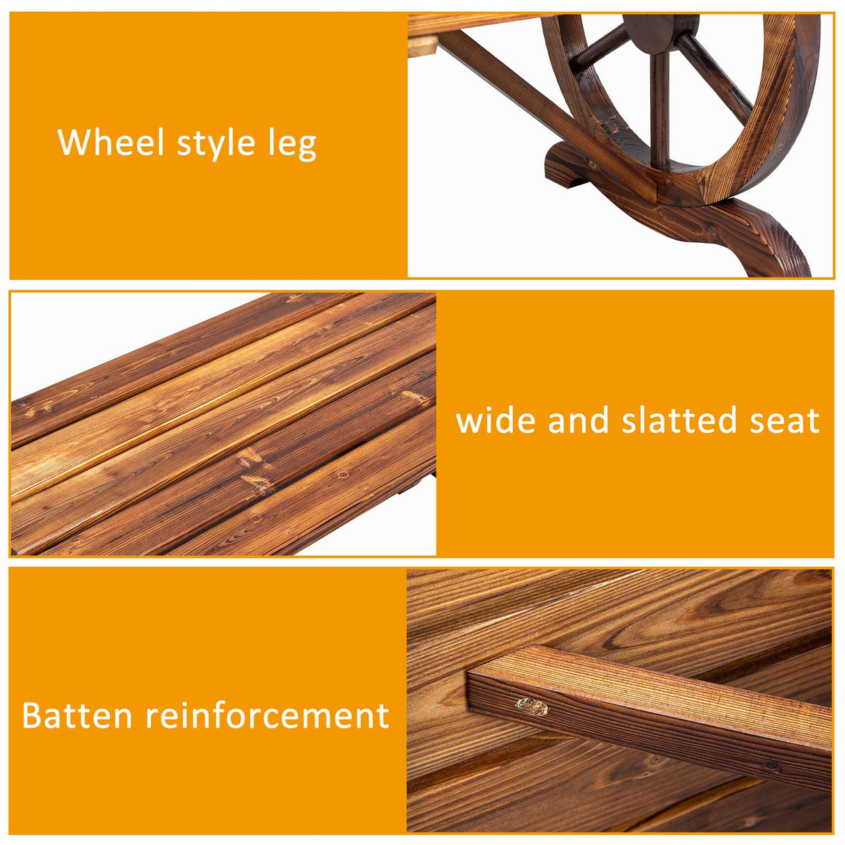 Outvita Rustic Wagon Wheel Wooden Garden Bench for Outdoor Seating, Carbonized Finish – Seats 2 in Brown Outvita