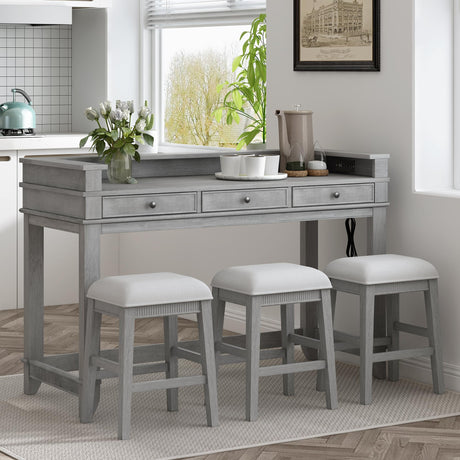 Merax Rustic 4-Piece Bar Table Set with Stools, Storage Drawers, USB Port & Power Strip - Gray & Beige Merax