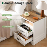 Curlaky Farmhouse Nightstand with Charging Station, Wood Night Stand with Drawers, Bedside Table, Nightstands with Open Storage Shelf, Rustic Night Stands for Bedroom, Closet, 18" Wide, 24" Tall Curlaky