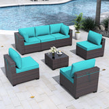 Gotland 7 Pieces Patio Furniture Set with 1 Coffee Table, 6 Seater Wicker Rattan Patio Set with 29.5'' High Backrest Thick Cushions Adjustable Foot Pads, for Porch Deck Garden Green Blue Gotland