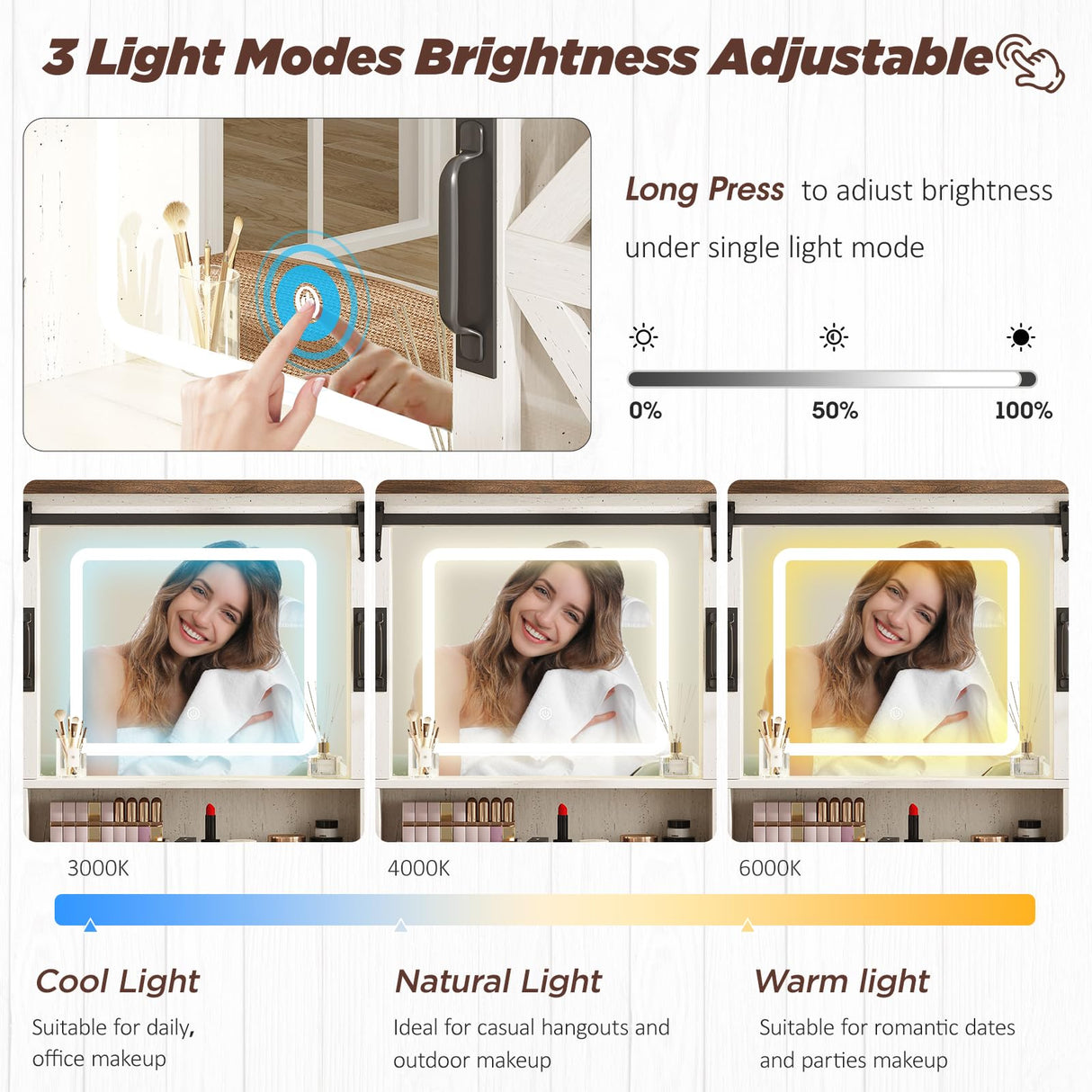 Vabches Farmhouse Makeup Vanity with Sliding Cabinets, White Vanity Desk with Lights Mirror and Power Outlet, Rustic Dressing Table with 4 Drawers&2 Storage Cabinets for Bedroom Vabches