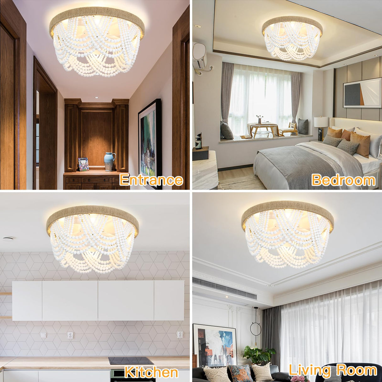 20 Inch Boho Ceiling Fan with Lights, Rustic Flush Mount Beaded Ceiling Fans with Lights and Remote Control, 6-Speed Reversible Bladeless Ceiling Fan for Kitchen, Bedroom, Living Room, Dining POPRHINO