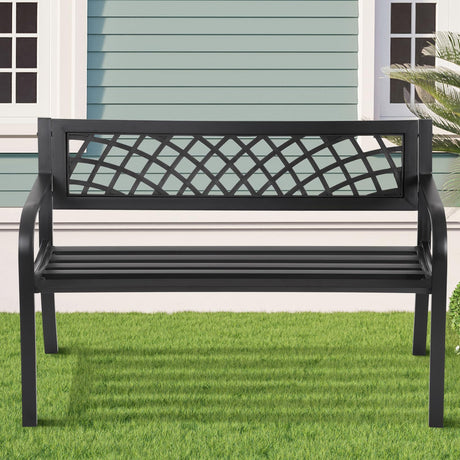 Garden Bench Patio Bench Outdoor Park Bench Metal Outside Porch Chair Seat Cast Iron Steel Frame Sturdy Bench Patio Furniture for Yard Porch Entryway Lawn Decor Deck, Black, 46 in HGS
