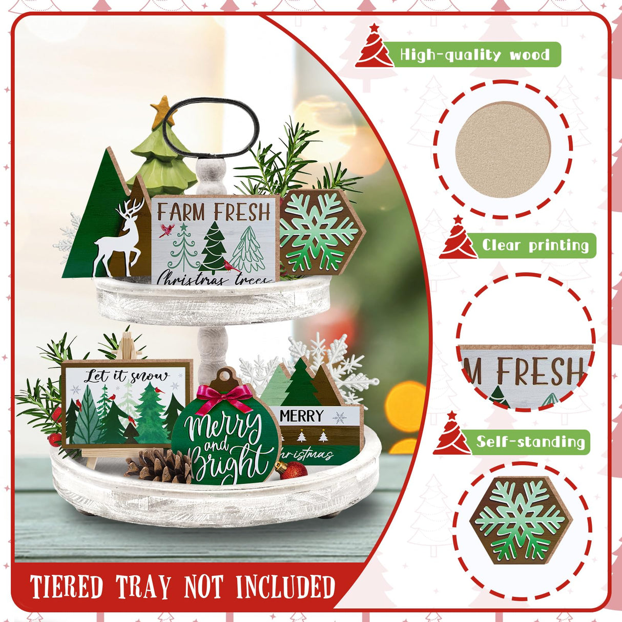 Guoofu 11 Pcs Merry Christmas Green Tiered Tray Decor, Farm Fresh Xmas Tree Balls Reindeer Snowflake Farmhouse Wood Decorations Set, Winter Holiday Rustic Wooden Decorative Signs for Home Table Shelf Guoofu