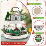 Guoofu 11 Pcs Merry Christmas Green Tiered Tray Decor, Farm Fresh Xmas Tree Balls Reindeer Snowflake Farmhouse Wood Decorations Set, Winter Holiday Rustic Wooden Decorative Signs for Home Table Shelf Guoofu