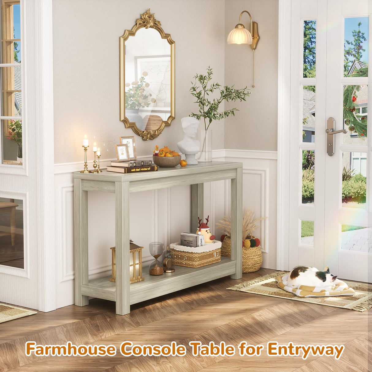 Besiost Small Farmhouse Wood Entryway Table Narrow Console Table with Storage Behind Couch Sofa Table with Shelves Entry Way Table with Open Storage, Easy Assembly, 32" Classical Washed Oak Besiost