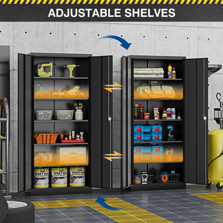 Fesbos Metal Storage Cabinet-72” Black Tall Steel File Cabinets with Lockable Doors and Adjustable Shelves-Black Steel Storage Cabinet for Kitchen, Office, Garage Fesbos