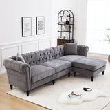 AVZEAR Chesterfield L Shaped Sofa Modular, Sectional Linen Fabric Couch with Ottoman and Pillow, Modern Bed Deep Seat Sofa Living Room Furniture Sets for Living Room, Bedroom and Apartment, Grey AVZEAR