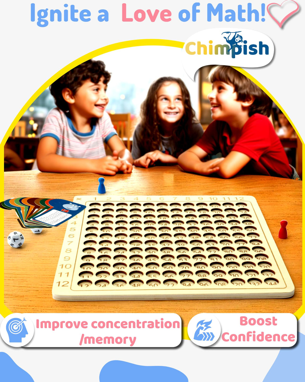 Chimpish Multiplication Games, 12x12 Wooden Montessori Multiplication Board Game, Larger Size Times Table, Montessori Math Learning Materials, Educational Toy for Toddlers, Preschool Gifts for Kids Chimpish