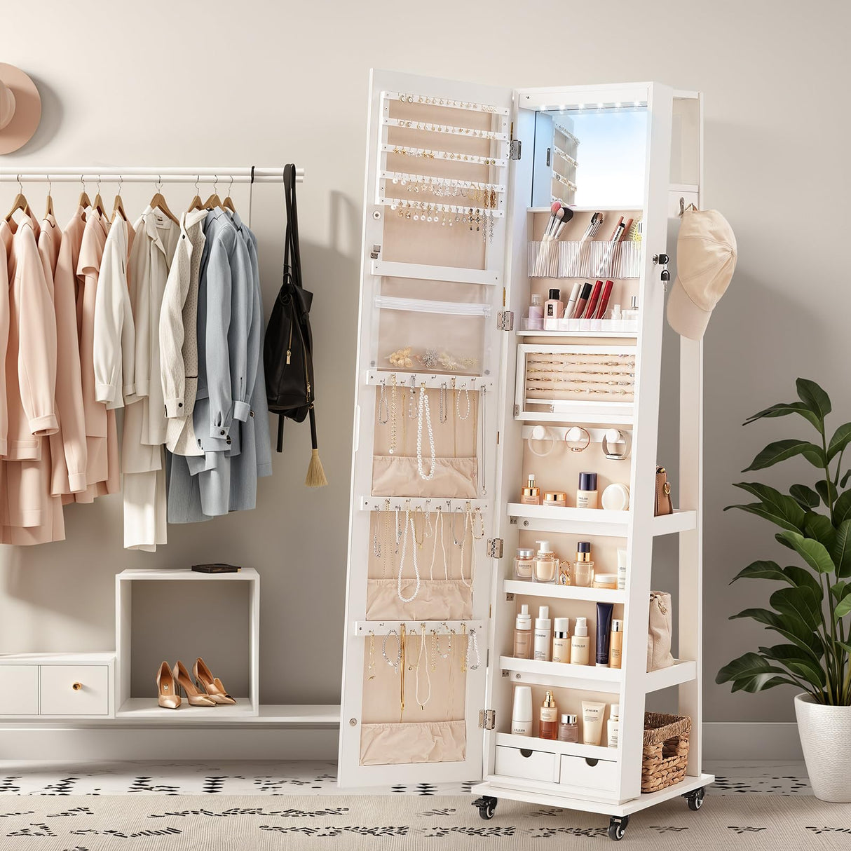 HOOBRO LED Lockable Jewelry Cabinet, Jewelry Organizer on Wheels, Standing Jewelry Armoire, Frameless Full-Length Mirror 4 Storage Shelves Foldable Makeup Tray Jewelry Cabinet Armoire, White WT06JC04 HOOBRO