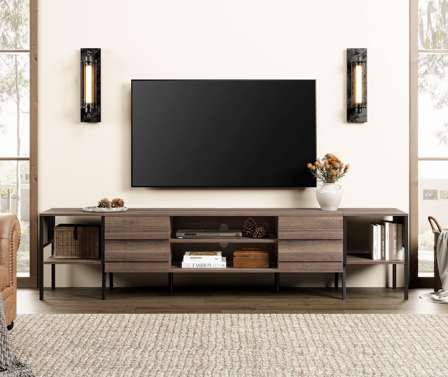 Mid-Century Modern TV Stand for TVs up to 85/90/100 inch Flat Screen Wood TV Console Media Cabinet with Storage, Home Entertainment Center in Walnut for Living Room Bedroom, 95 inch