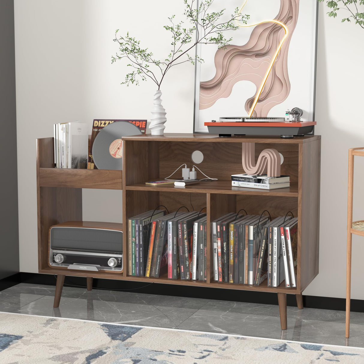 Record Player Stand with Charging Station & USB Ports, Mid Century Modern Turntable Stand Table Holds up to 350 Albums, Vinyl Record Storage Cabinet Turntable Stand with Record Storage IQCNGVX