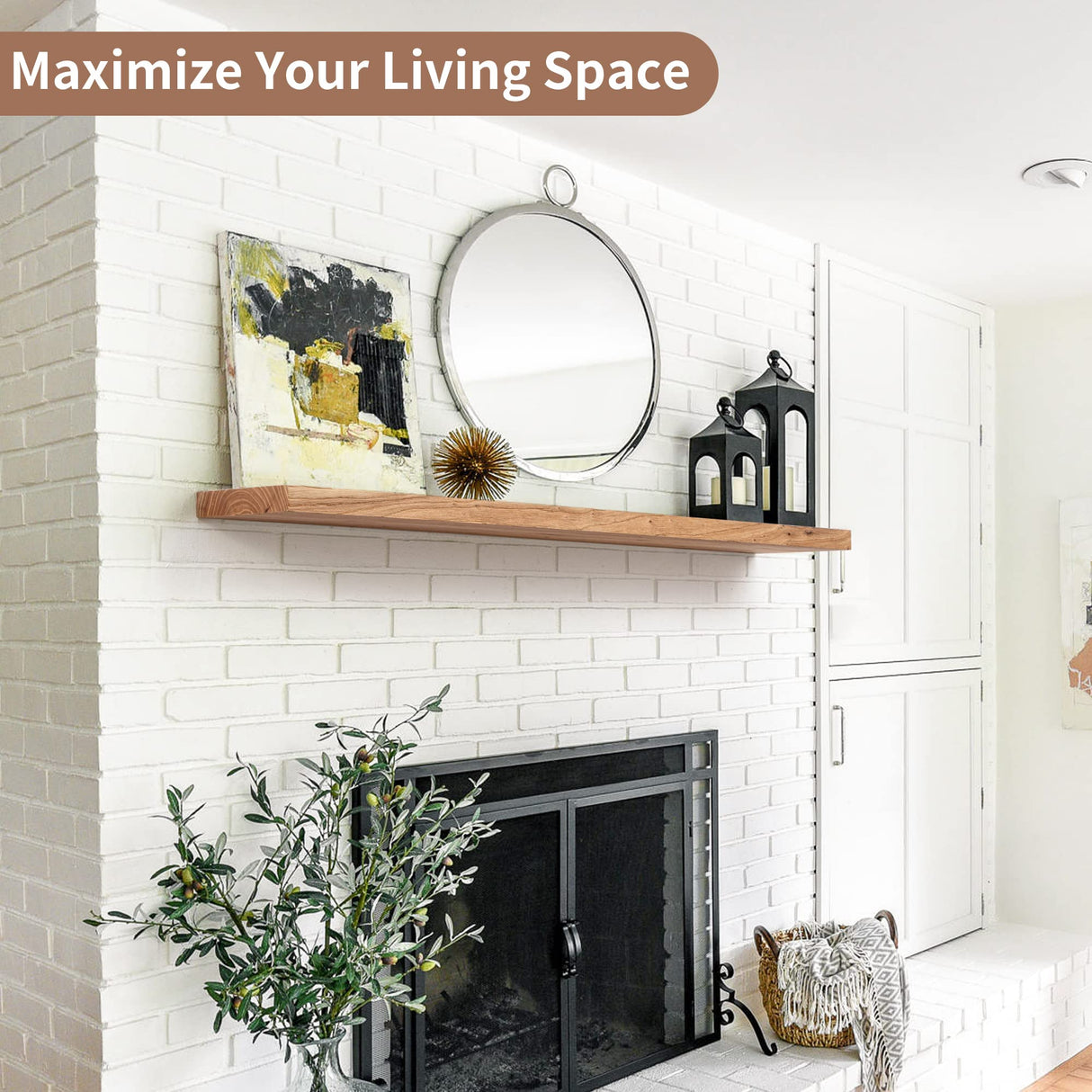 Axeman 48 Inch Fireplace Mantel Shelf - 8 Inch Deep Rustic Solid Elm Wood Floating Shelf, Wall Mounted Farmhouse Display Shelf with Invisible Heavy Duty Metal Bracket, Natural Axeman