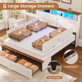 VIAGDO Queen Bed Frame with 6 Drawers, Farmhouse Bed Frame with Barn Door Headboard and Storage, Wood Platform Bed Frame Queen Size with Charging Station and LED Lights, No Box Spring Needed, White VIAGDO