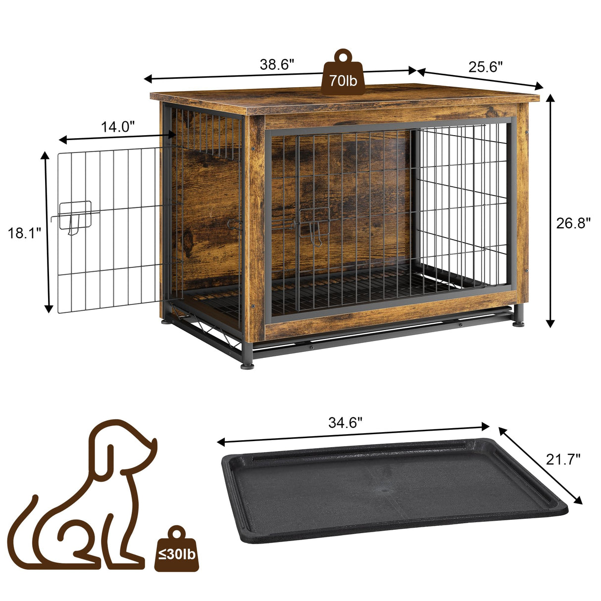 JY QAQA Dog Crate Furniture, Wooden Dog Crate Table, Double-Doors Dog Furniture, Indoor Dog Kennel, Dog House, Dog Cage/Brown/L JY QAQA PET